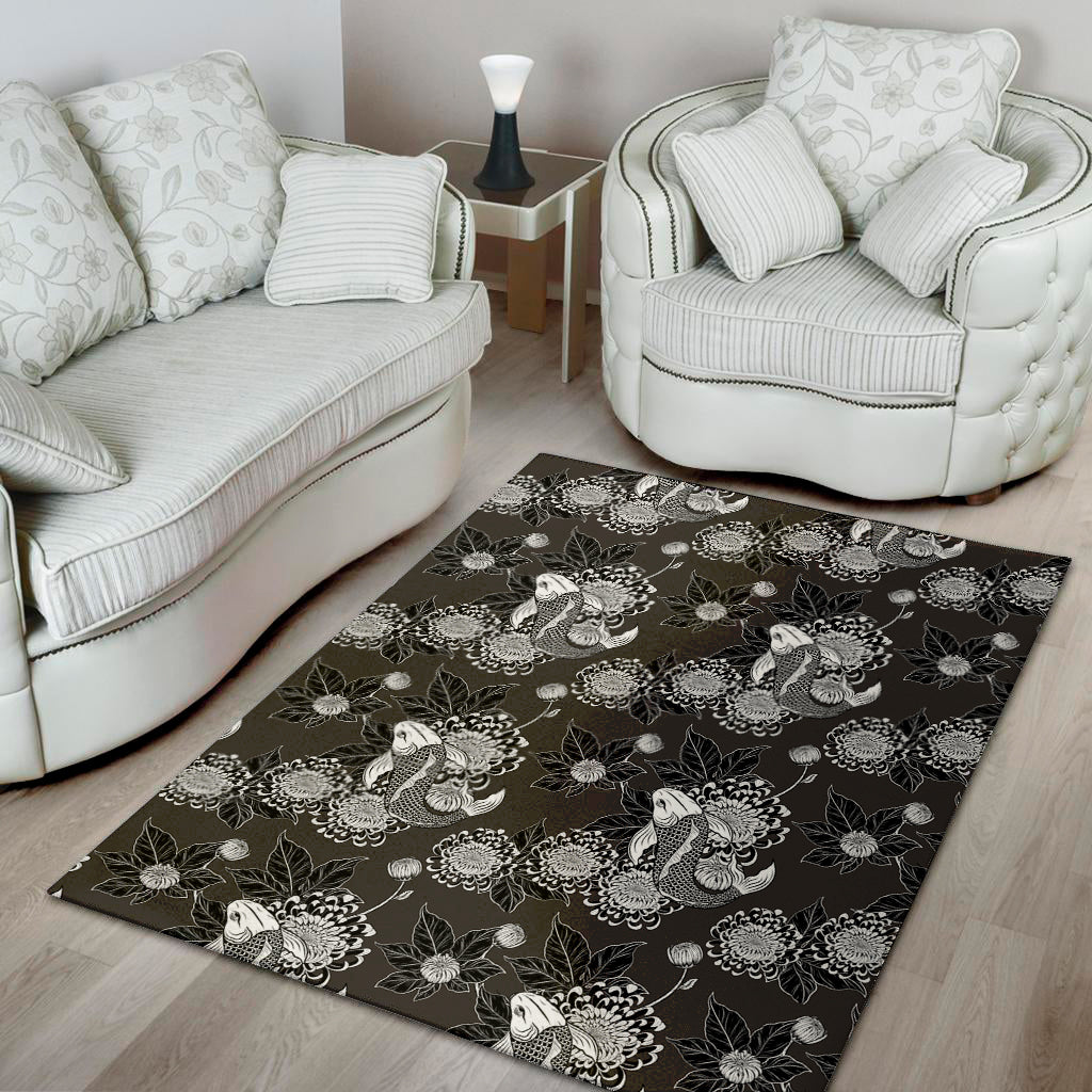 Koi Carp And Chrysanthemum Pattern Print Area Rug