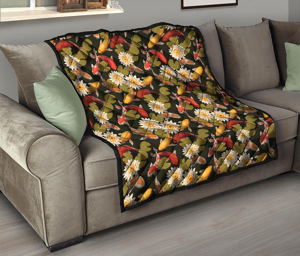 Koi Carp And Lotus Pattern Print Quilt