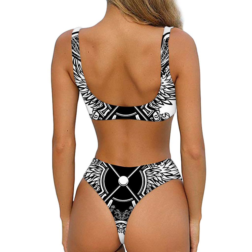 Lacrosse Sticks And Ornate Wing Print Front Bow Tie Bikini