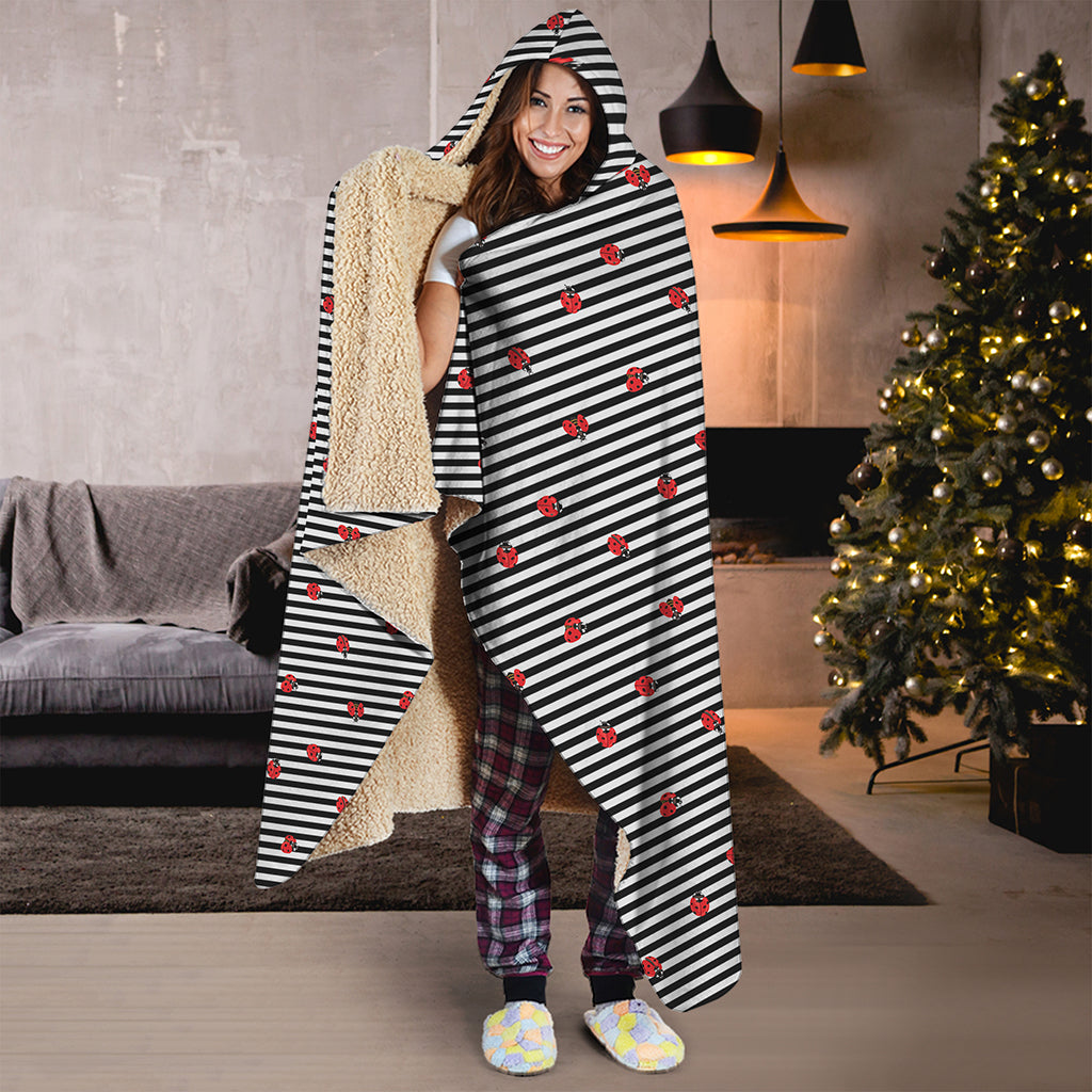 Ladybug Striped Pattern Print Hooded Blanket