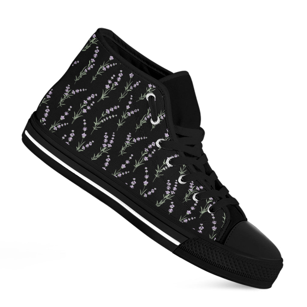 Lavender Flowers Pattern Print Black High Top Shoes