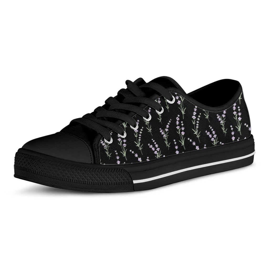 Lavender Flowers Pattern Print Black Low Top Shoes
