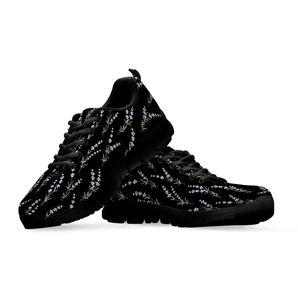 Lavender Flowers Pattern Print Black Sneakers