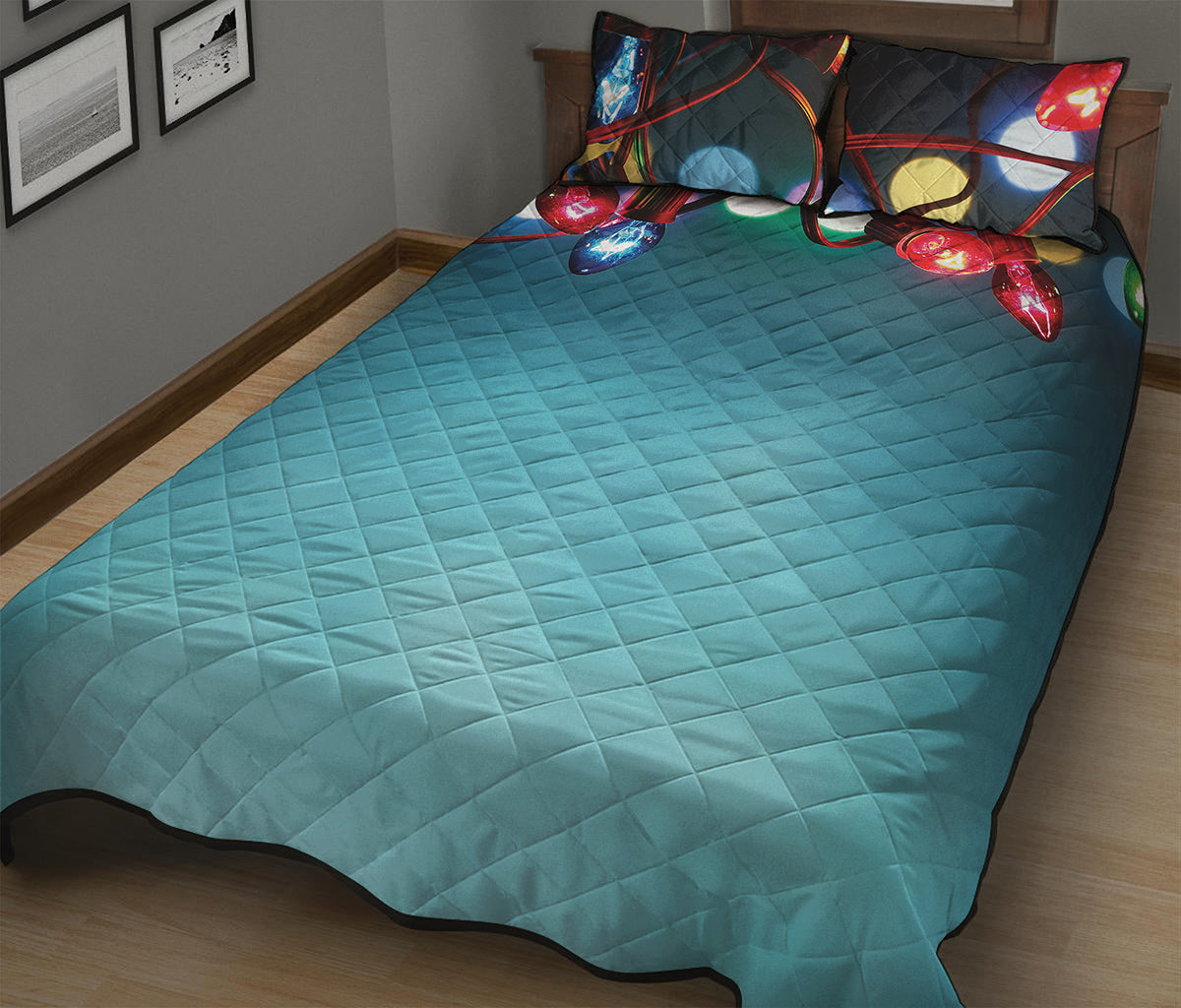 LED Christmas String Lights Print Quilt Bed Set