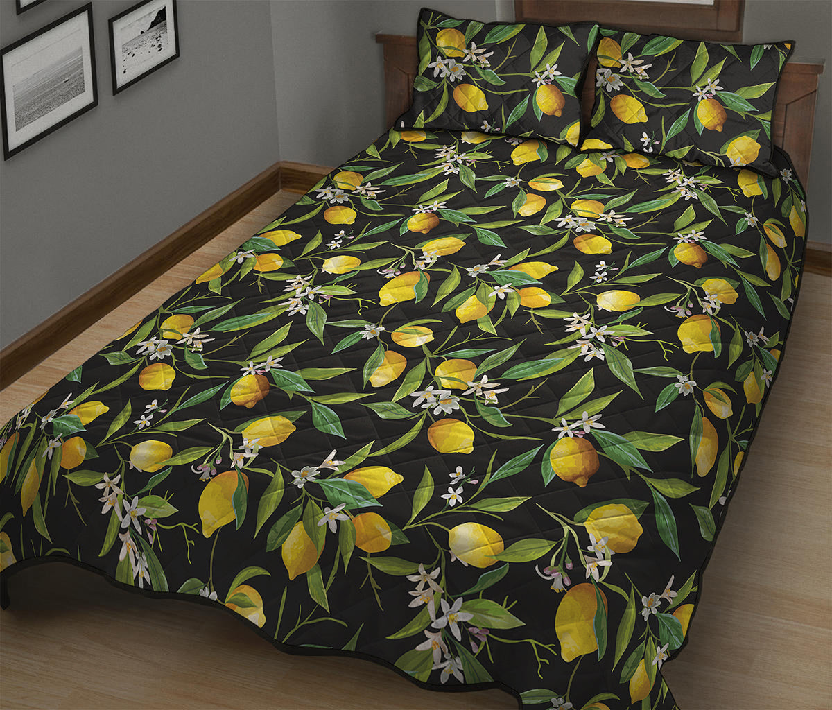 Lemon And Flower Pattern Print Quilt Bed Set