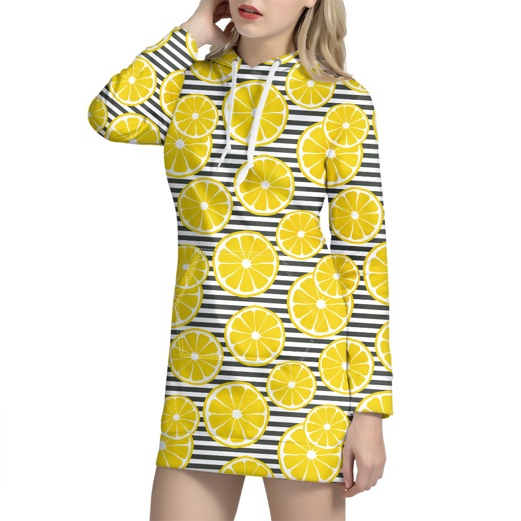 Lemon Striped Pattern Print Hoodie Dress