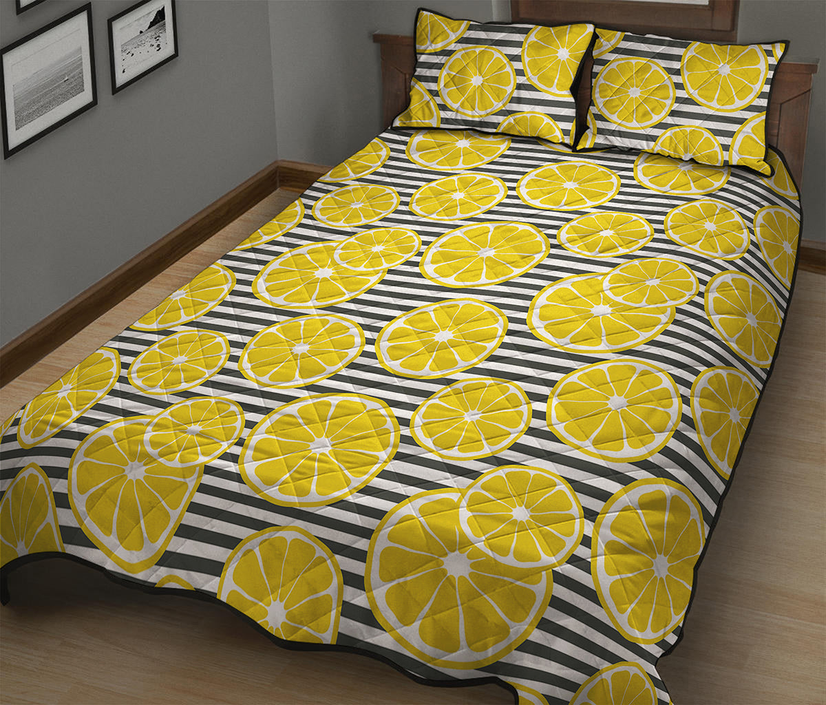 Lemon Striped Pattern Print Quilt Bed Set