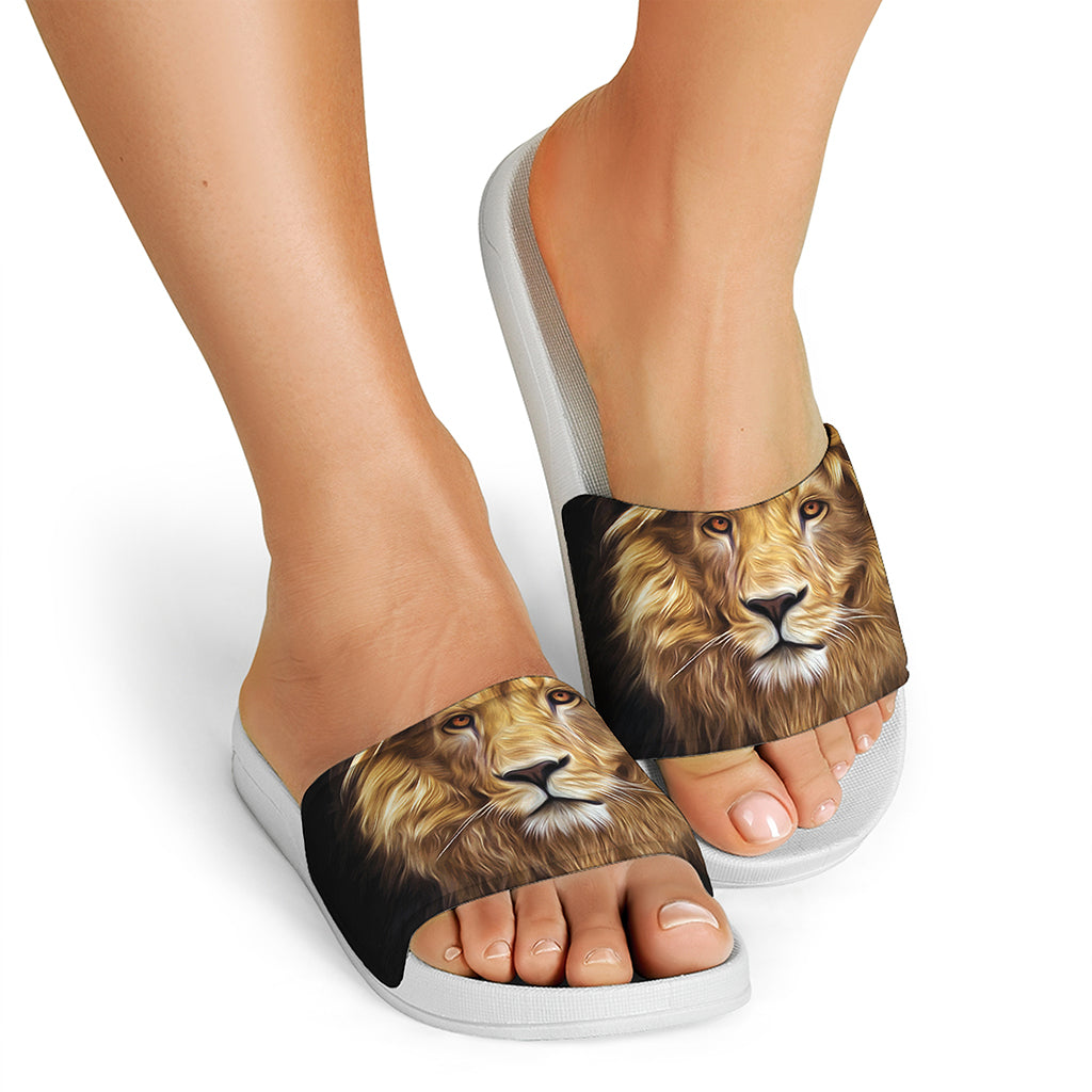 Leo Portrait Print White Slide Sandals