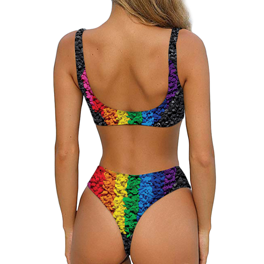 LGBT Pride Rainbow Heart Stones Print Front Bow Tie Bikini