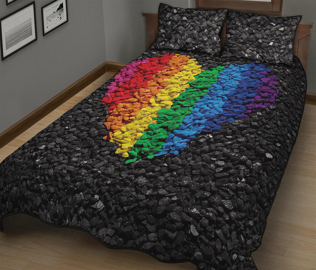 LGBT Pride Rainbow Heart Stones Print Quilt Bed Set