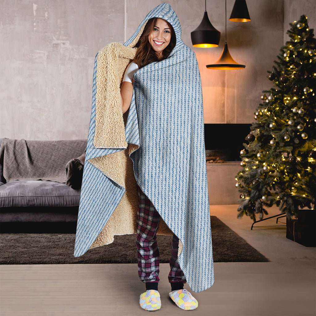 Light Blue Denim Jeans Print Hooded Blanket
