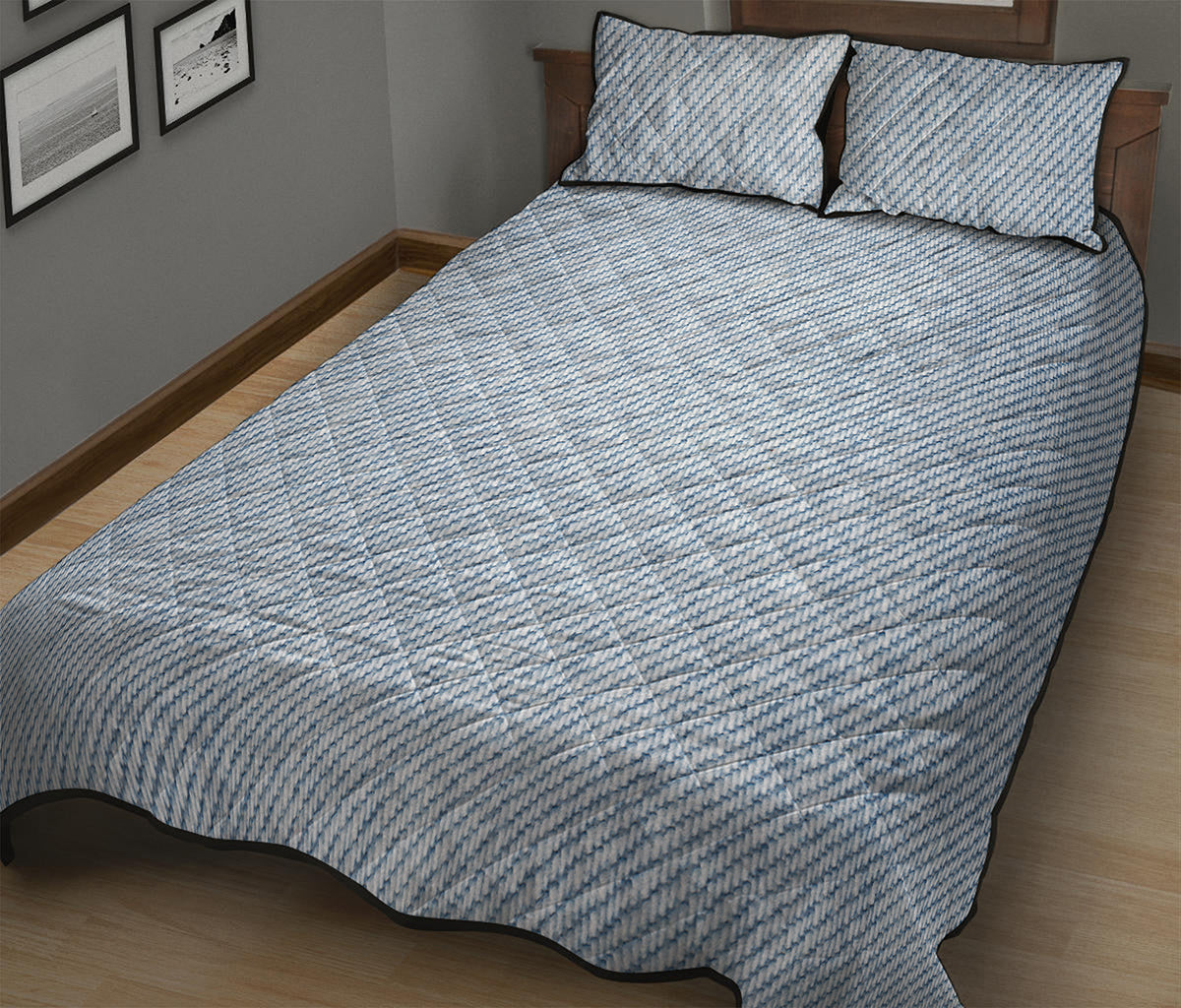 Light Blue Denim Jeans Print Quilt Bed Set