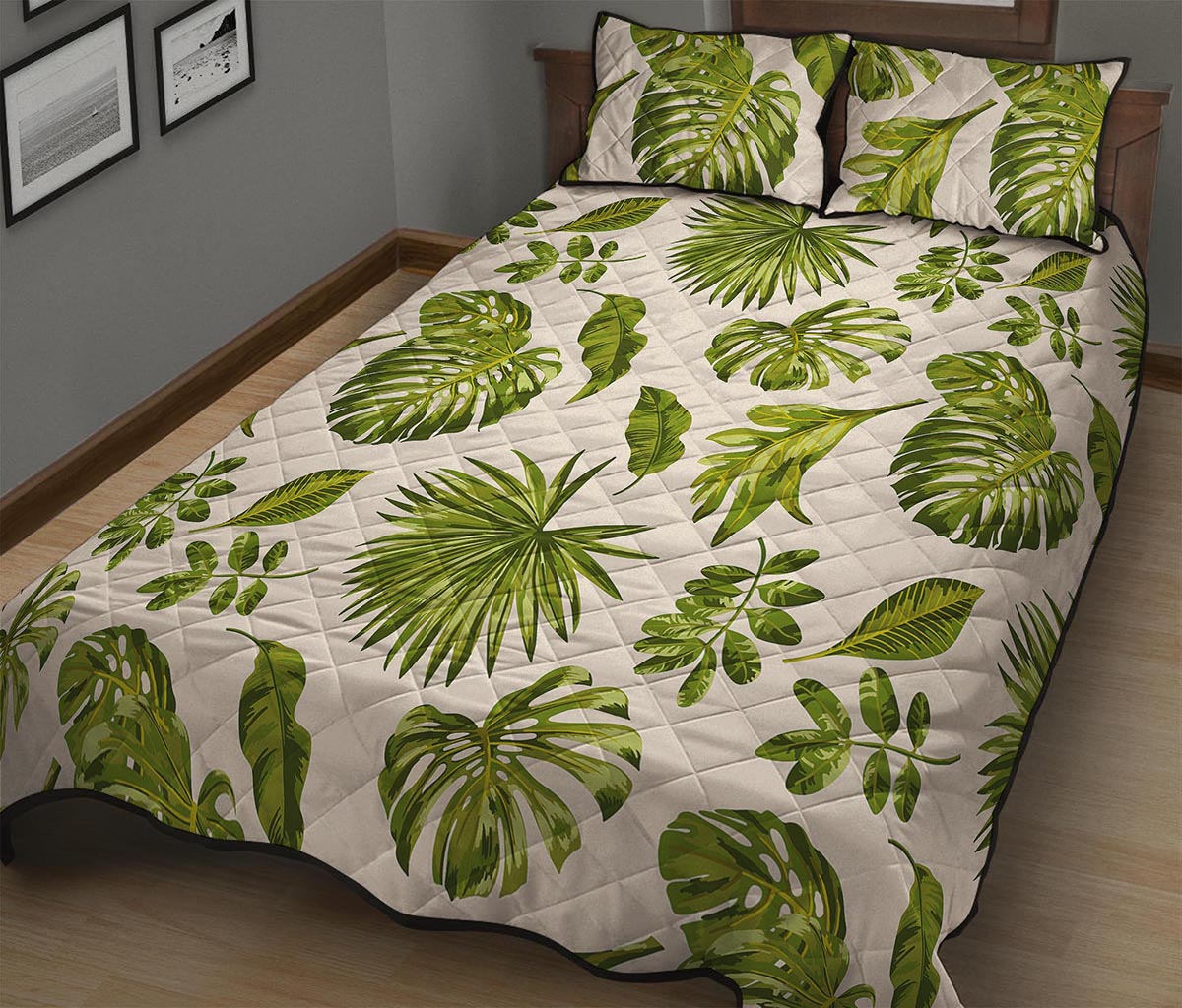 Light Tropical Leaf Pattern Print Quilt Bed Set