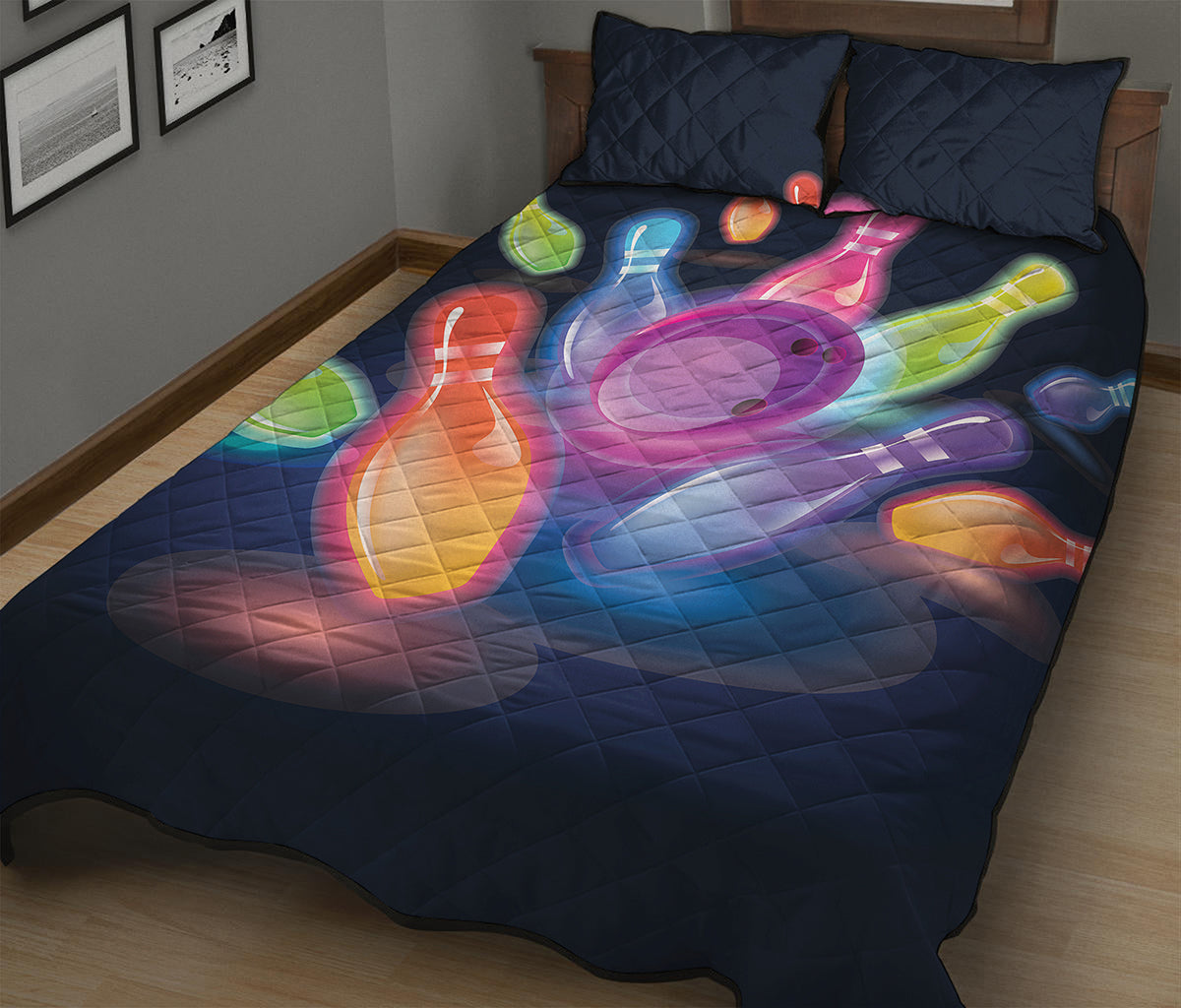 Light Up Bowling Pins Print Quilt Bed Set