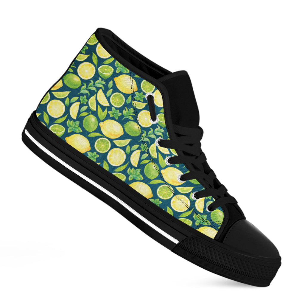 Lime And Lemon Pattern Print Black High Top Shoes