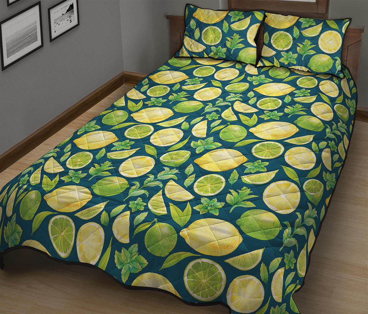 Lime And Lemon Pattern Print Quilt Bed Set
