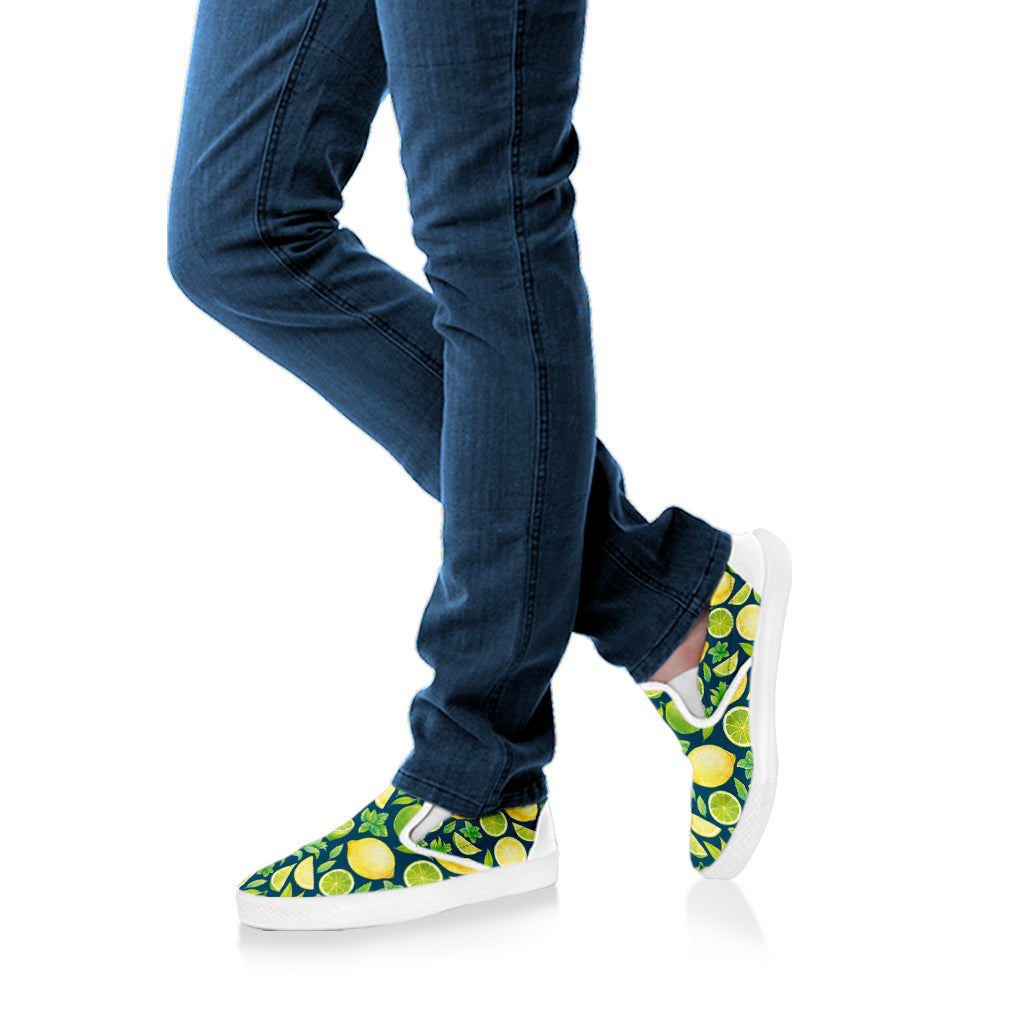 Lime And Lemon Pattern Print White Slip On Shoes
