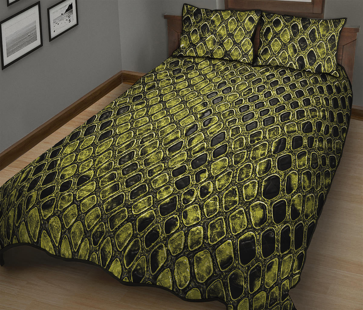 Lime Green And Black Snakeskin Print Quilt Bed Set