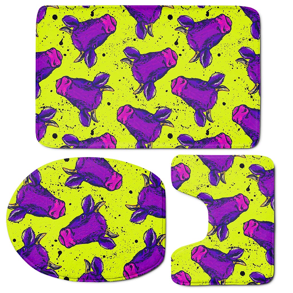 Lime Green And Purple Cow Pattern Print 3 Piece Bath Mat Set