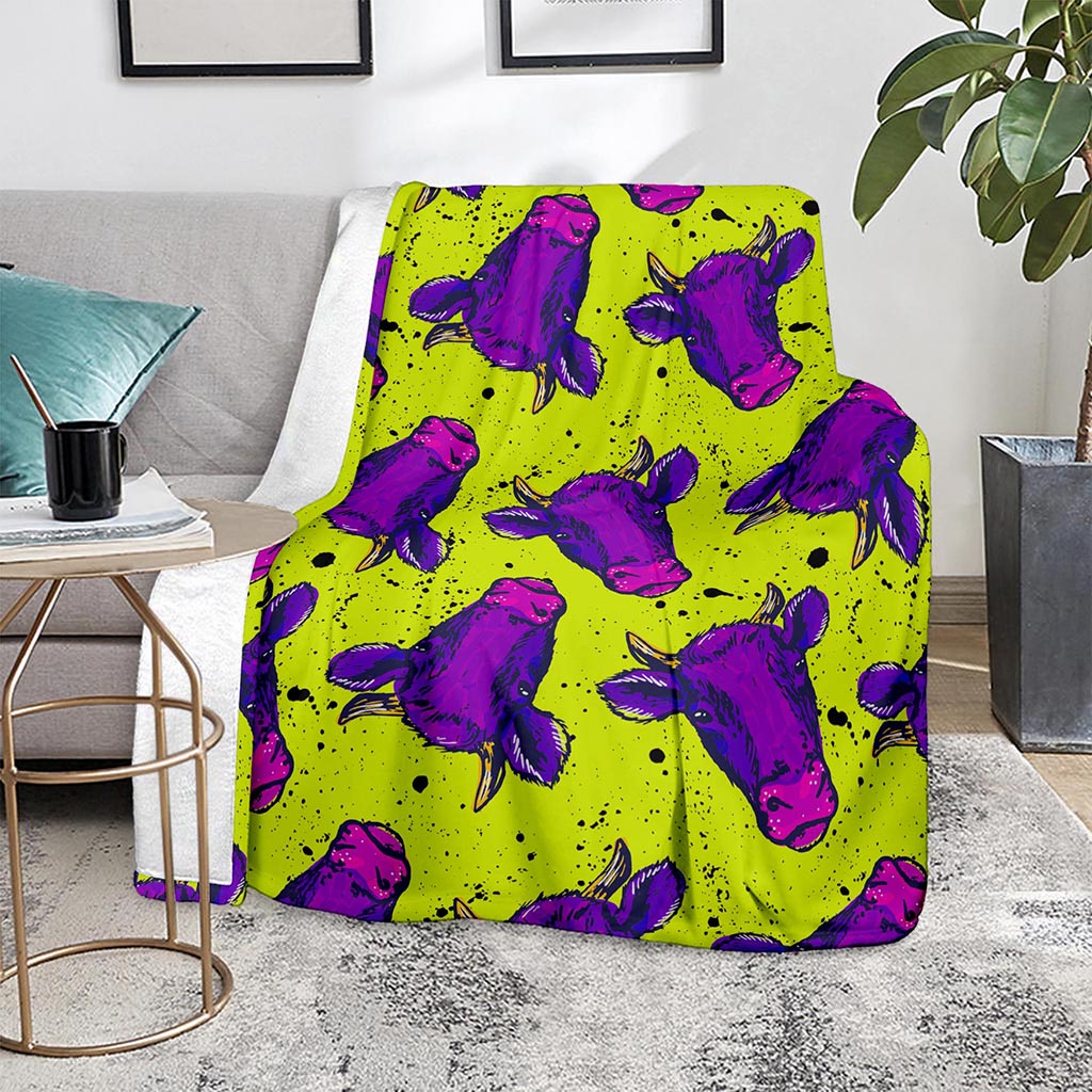 Lime Green And Purple Cow Pattern Print Blanket