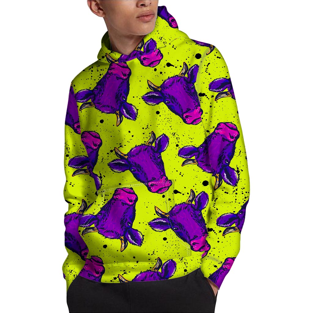 Lime Green And Purple Cow Pattern Print Pullover Hoodie