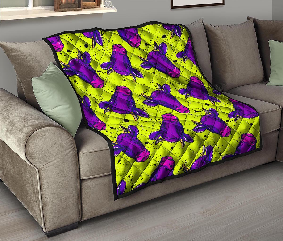 Lime Green And Purple Cow Pattern Print Quilt