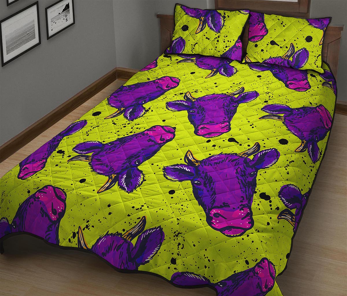 Lime Green And Purple Cow Pattern Print Quilt Bed Set