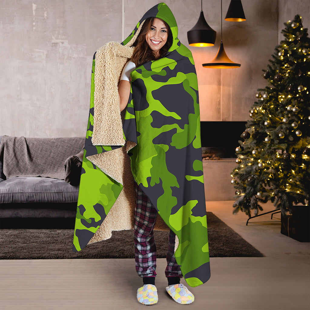 Lime Green Camouflage Print Hooded Blanket