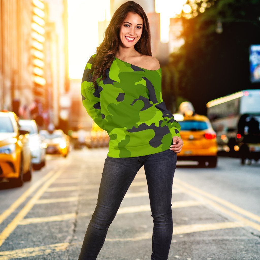 Lime Green Camouflage Print Off Shoulder Sweatshirt GearFrost