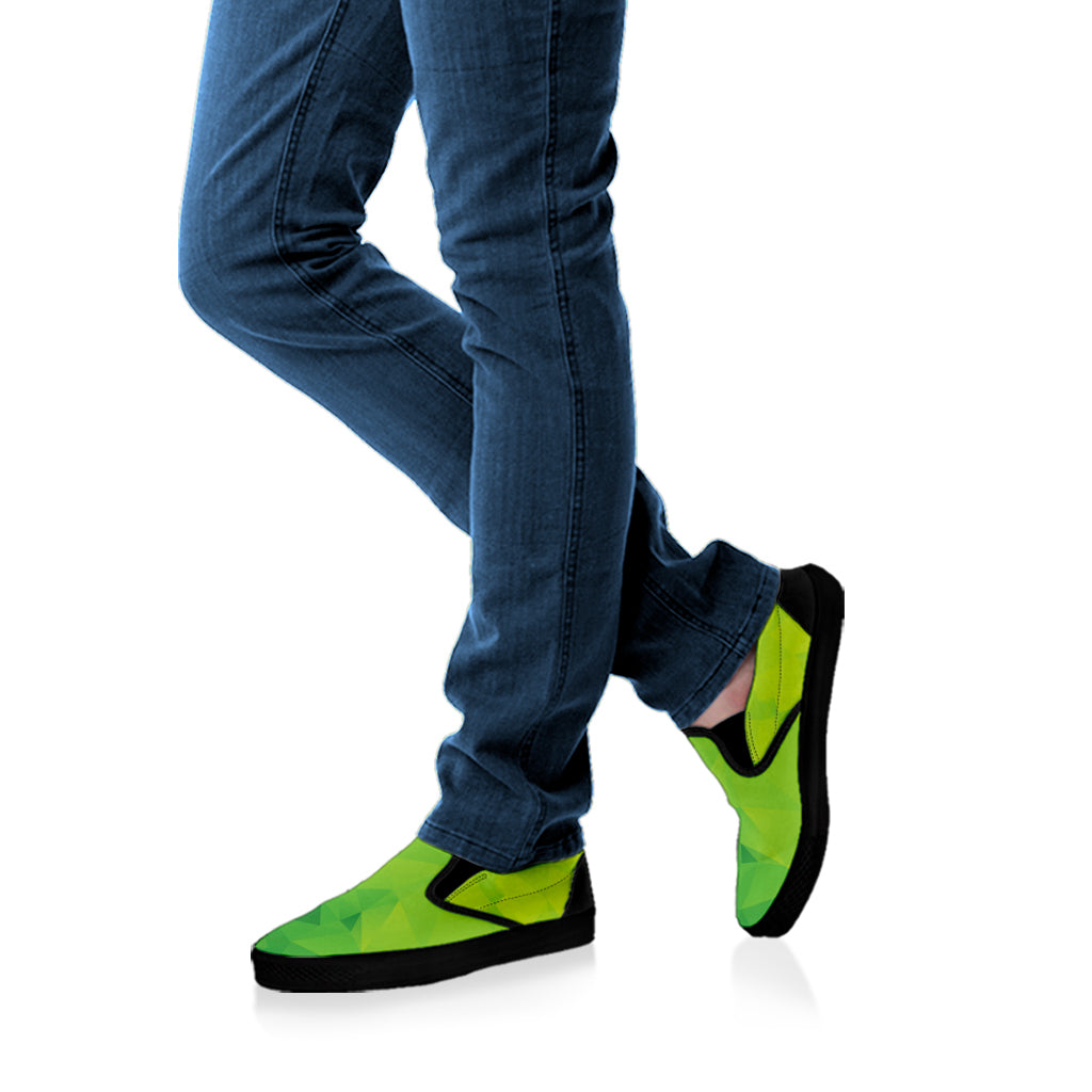 Lime Green Polygonal Geometric Print Black Slip On Shoes