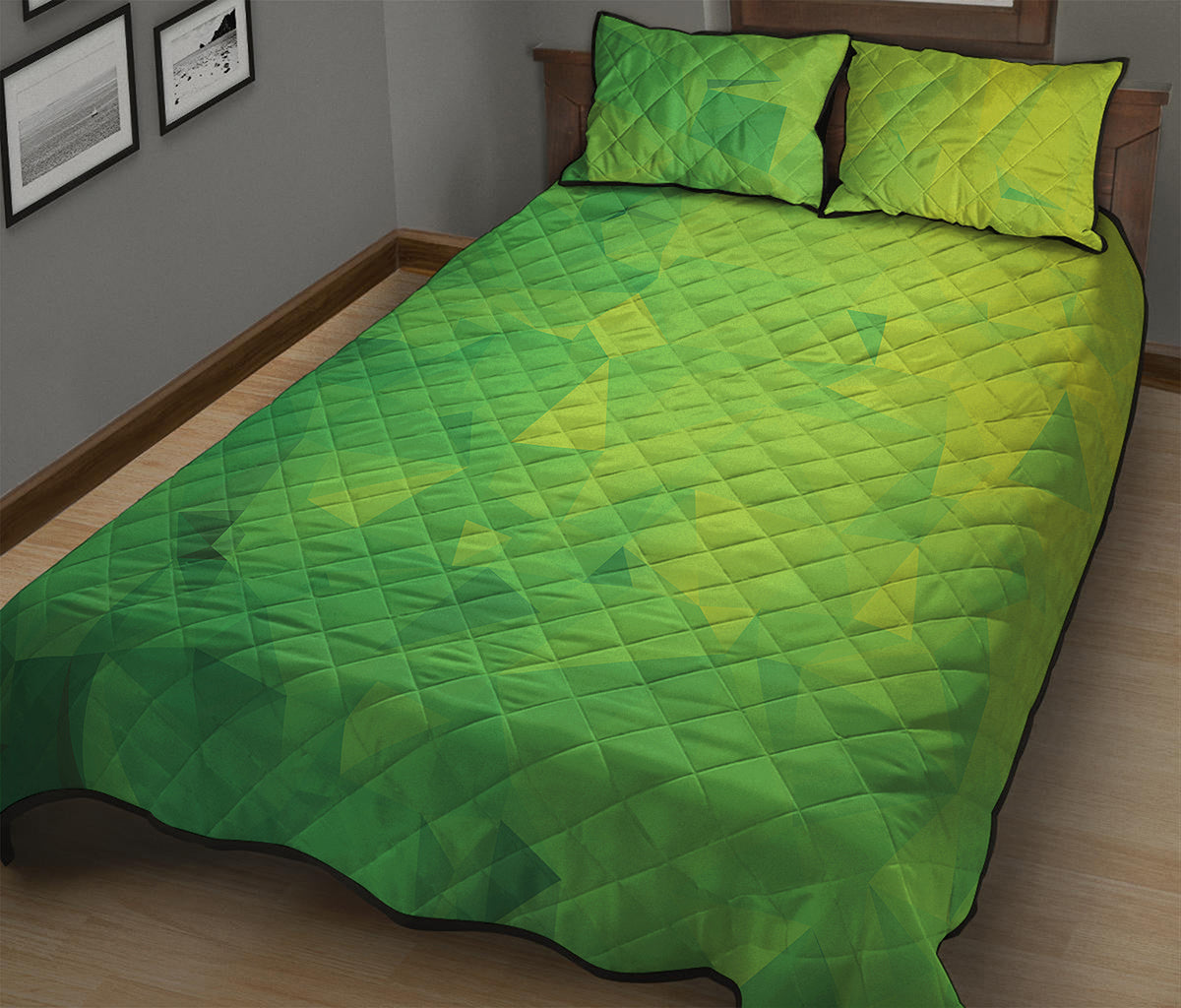 Lime Green Polygonal Geometric Print Quilt Bed Set