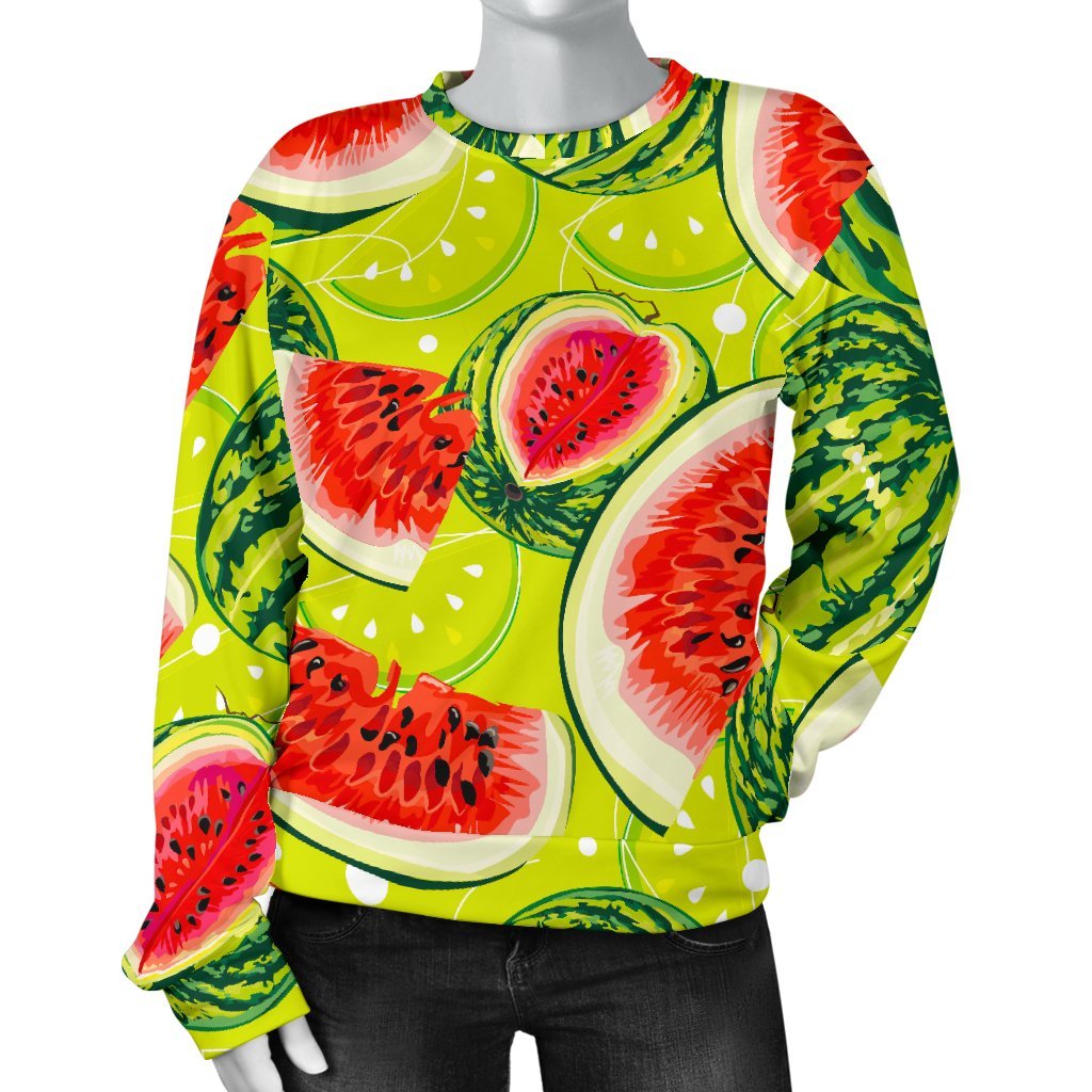 Lime Green Watermelon Pattern Print Women's Crewneck Sweatshirt GearFrost