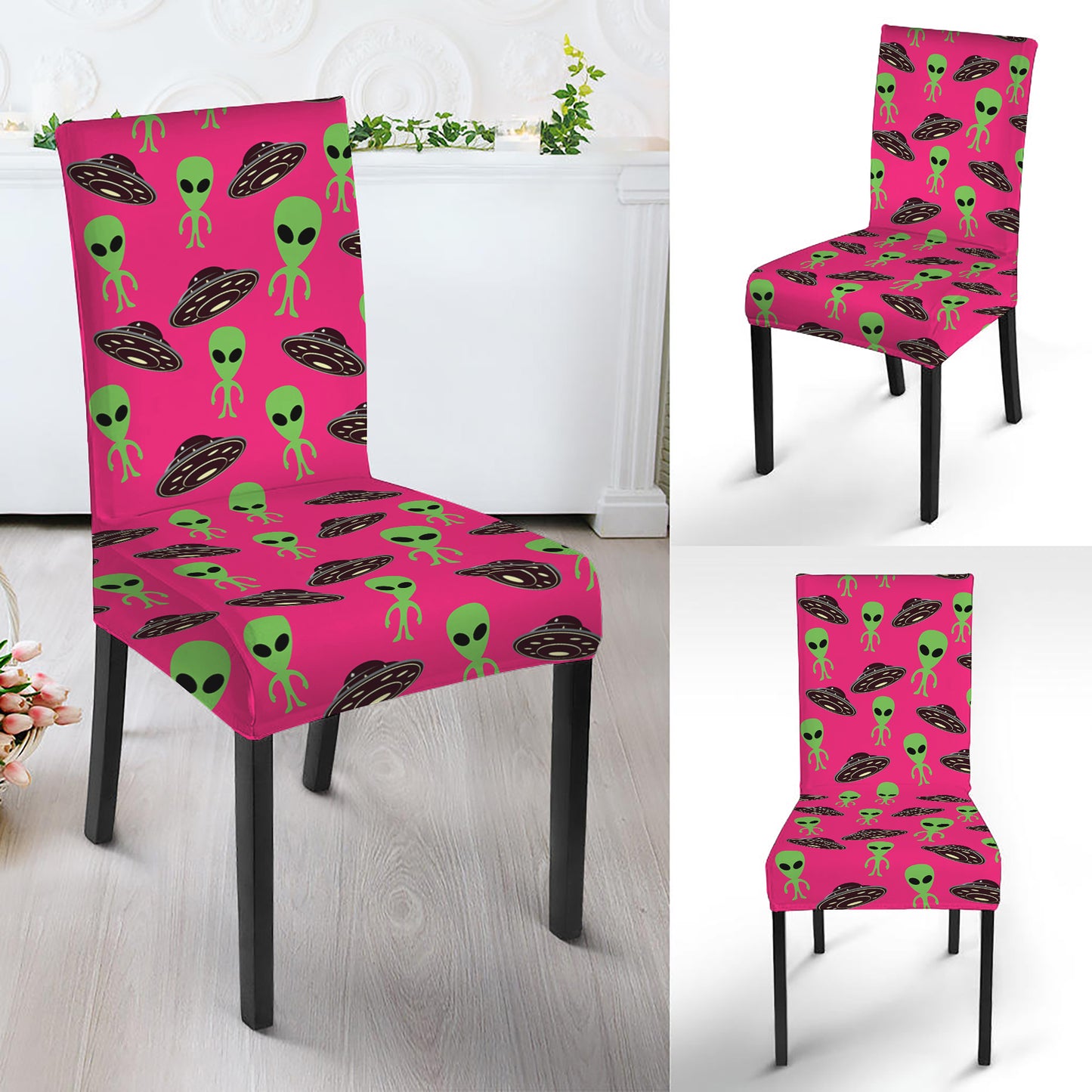 Little Green Alien UFO Print Dining Chair Slipcover