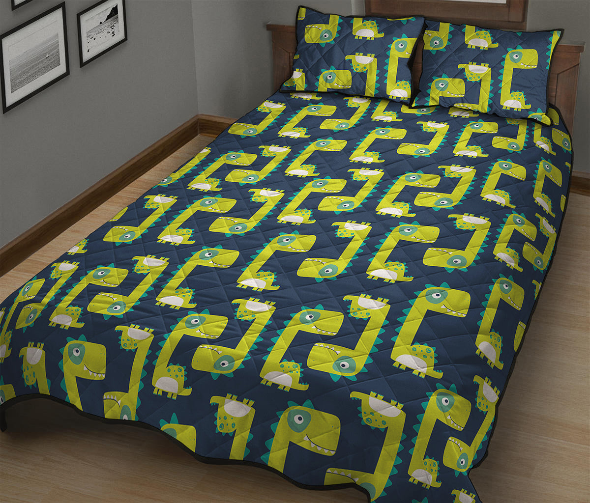 Little Green Dinosaur Pattern Print Quilt Bed Set