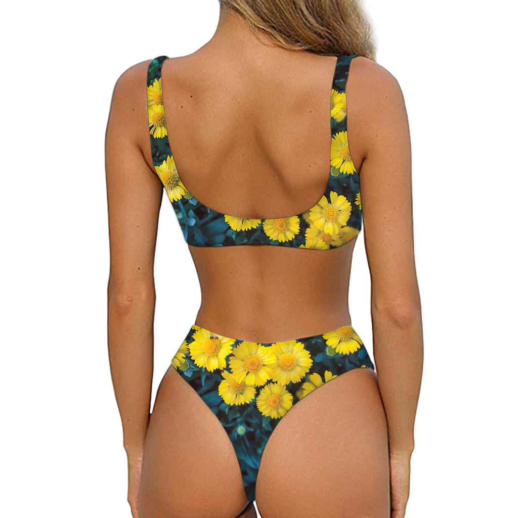 Little Yellow Daisy Print Front Bow Tie Bikini
