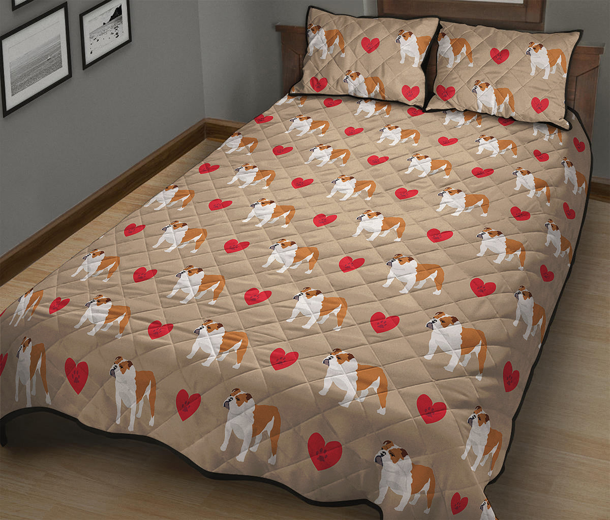Love English Bulldog Pattern Print Quilt Bed Set