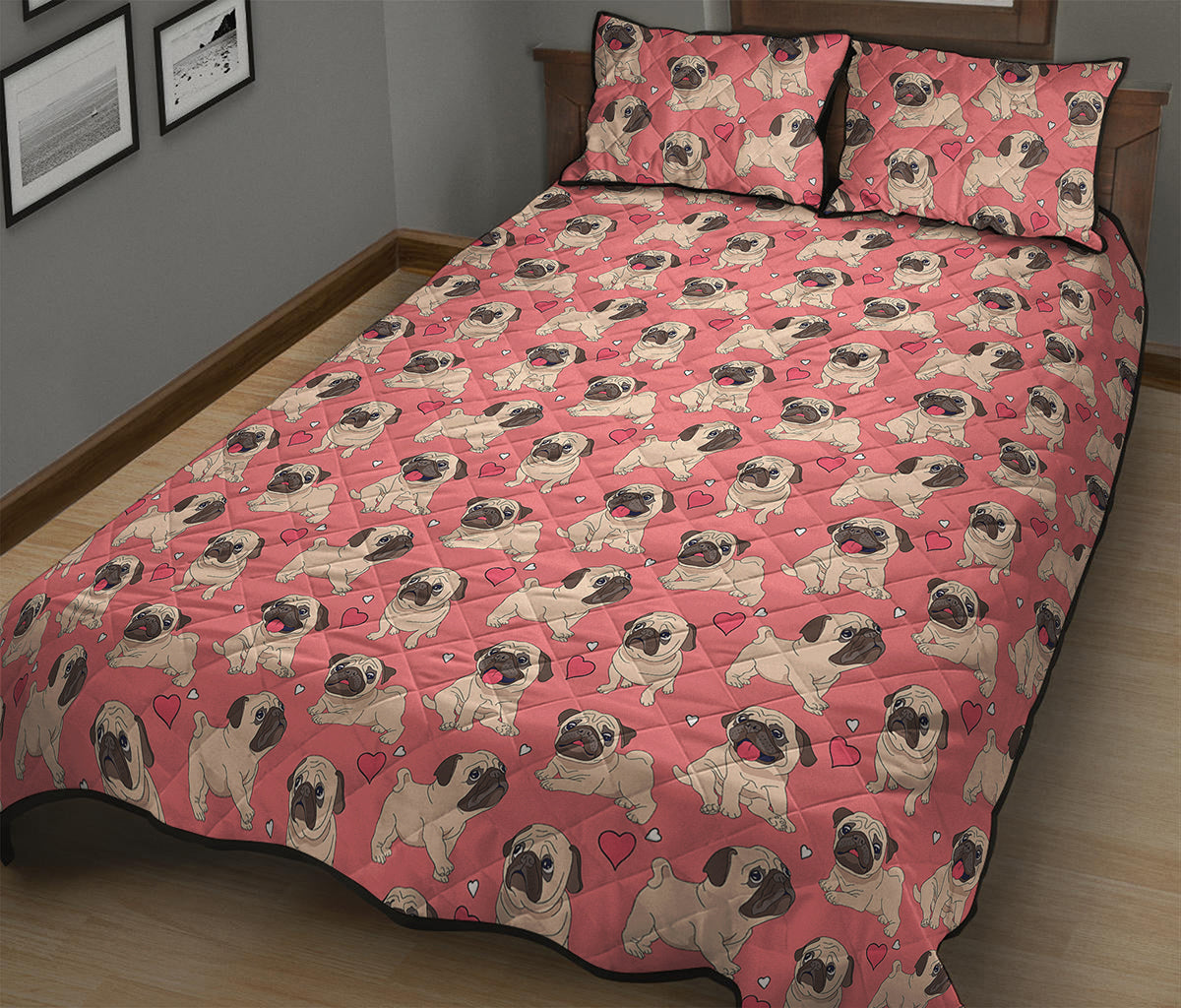 Love Pug Pattern Print Quilt Bed Set
