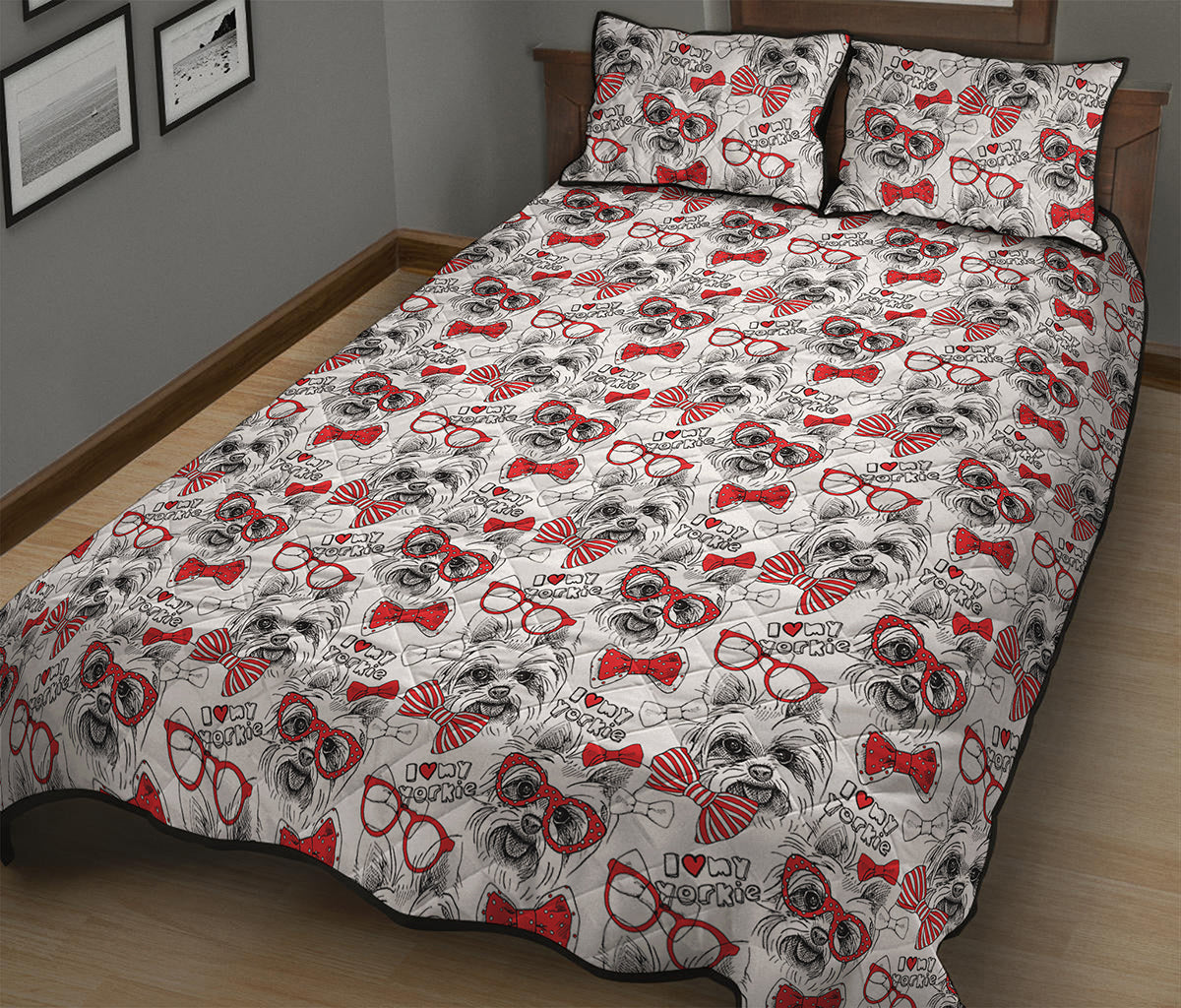 Lovely Yorkshire Terrier Pattern Print Quilt Bed Set
