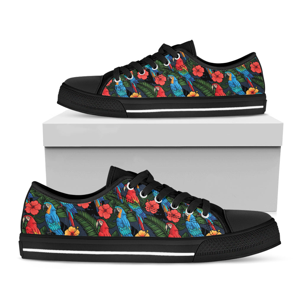 Macaw Parrot Pattern Print Black Low Top Shoes