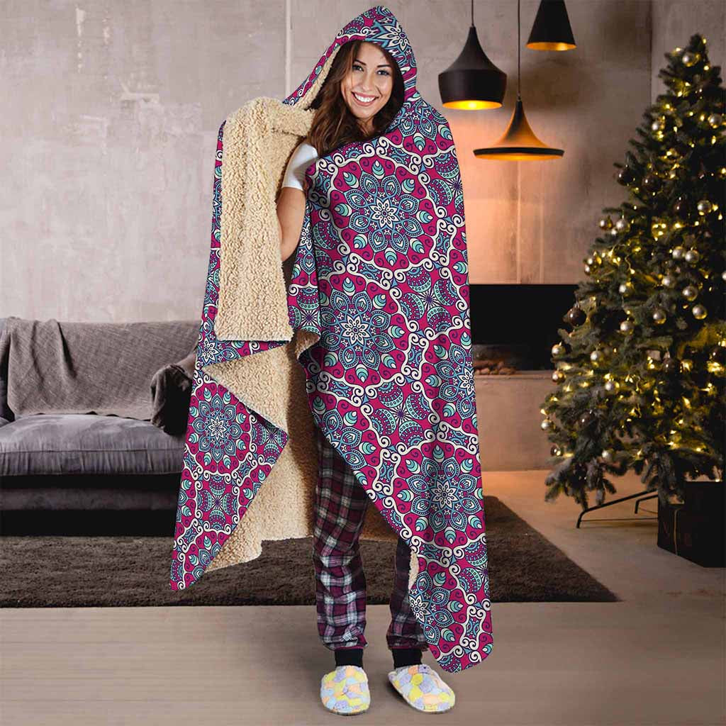 Magenta Mandala Bohemian Pattern Print Hooded Blanket