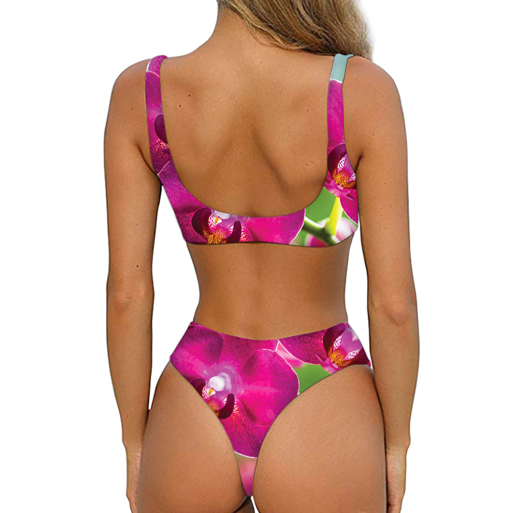 Magenta Orchid Flower Print Front Bow Tie Bikini