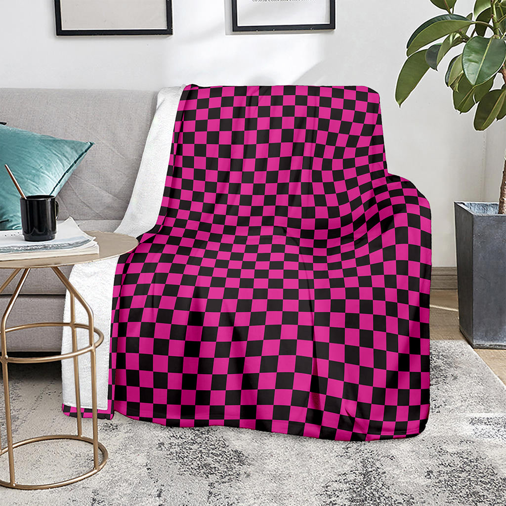 Magenta Pink And Black Checkered Print Blanket