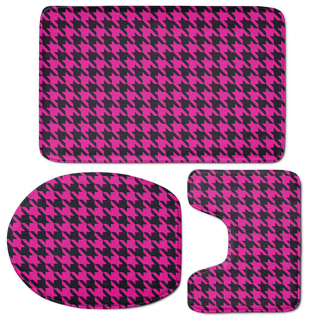 Magenta Pink And Black Houndstooth Print 3 Piece Bath Mat Set