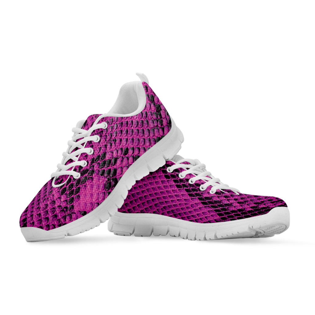 Magenta Pink And Black Snakeskin Print White Sneakers
