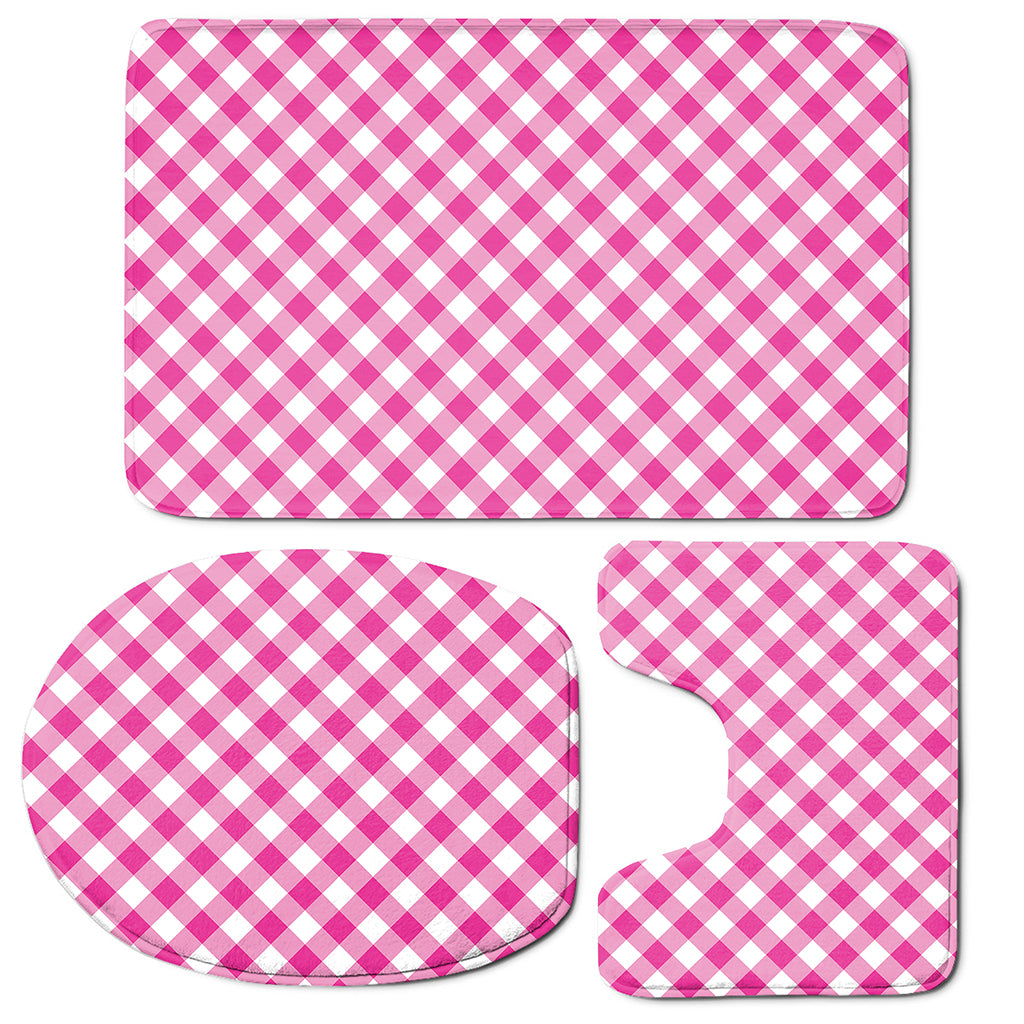 Magenta Pink And White Gingham Print 3 Piece Bath Mat Set