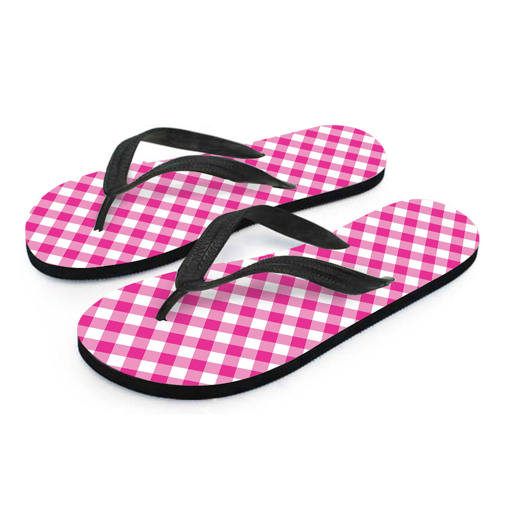 Magenta Pink And White Gingham Print Flip Flops