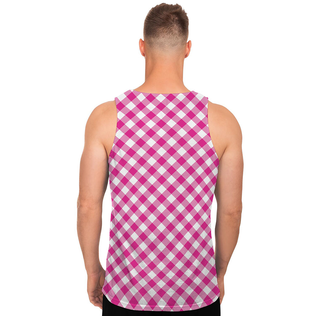 Magenta Pink And White Gingham Print Men's Tank Top
