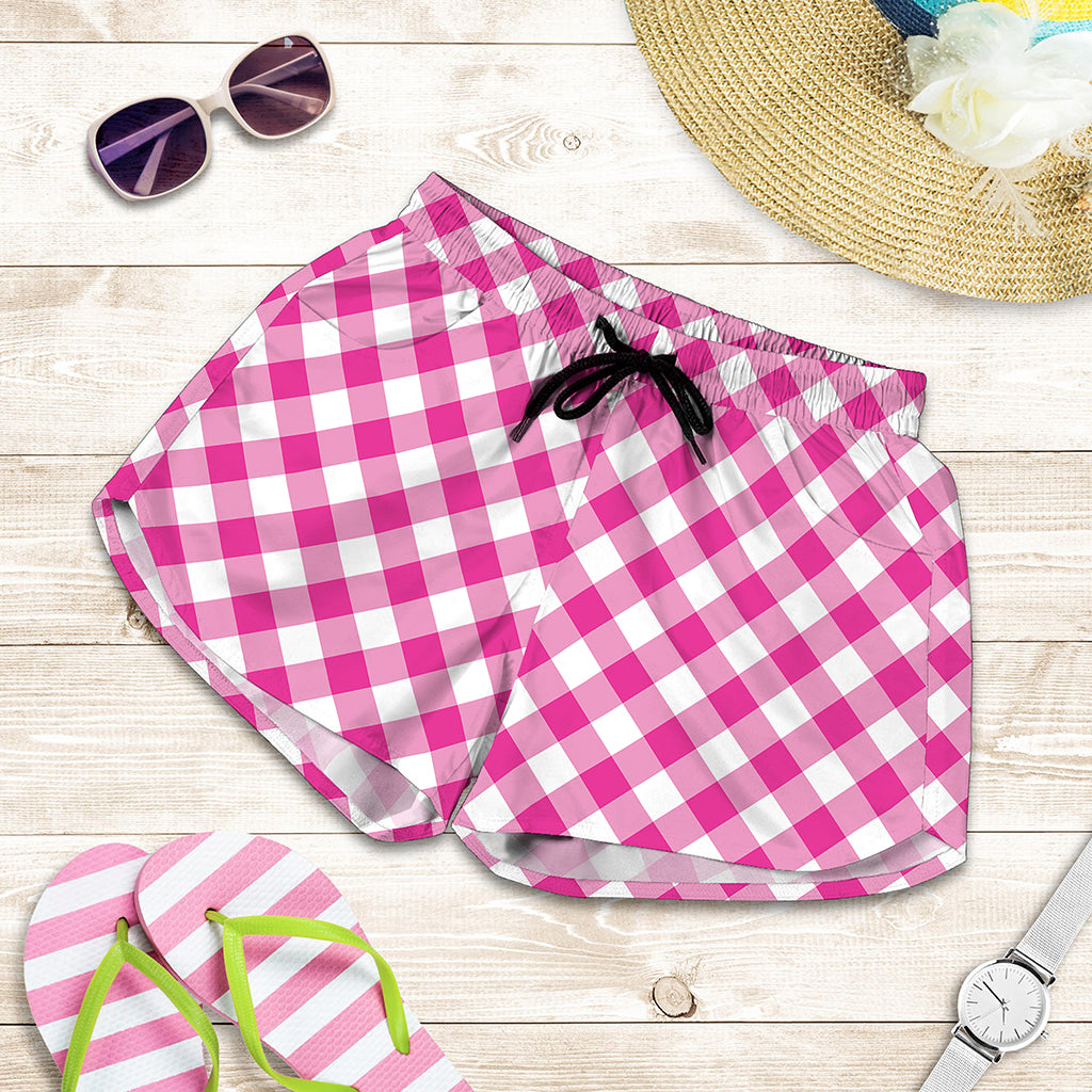 Magenta Pink And White Gingham Print Women's Shorts