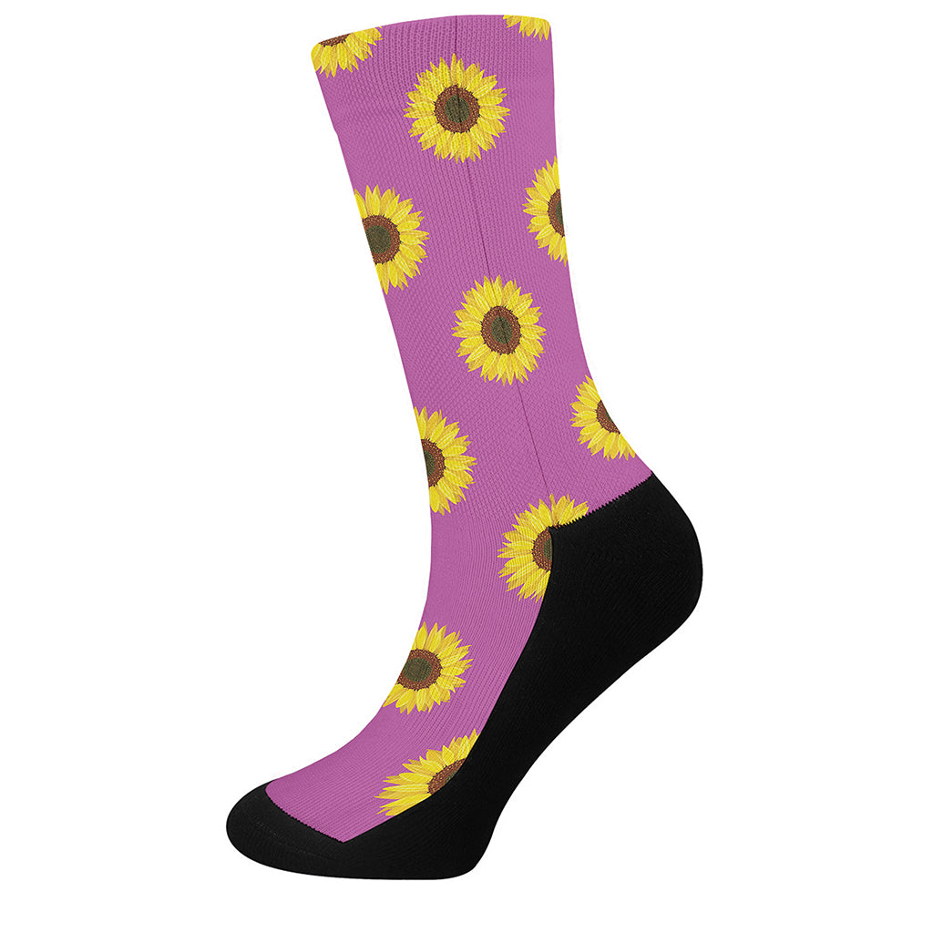 Magenta Pink Sunflower Pattern Print Crew Socks