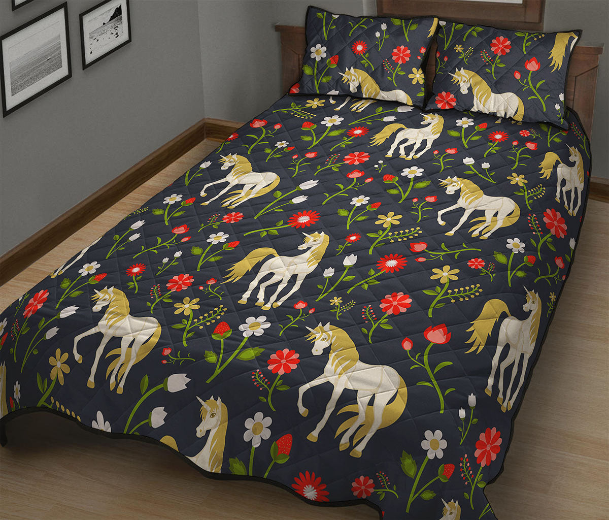 Magic Floral Unicorn Pattern Print Quilt Bed Set